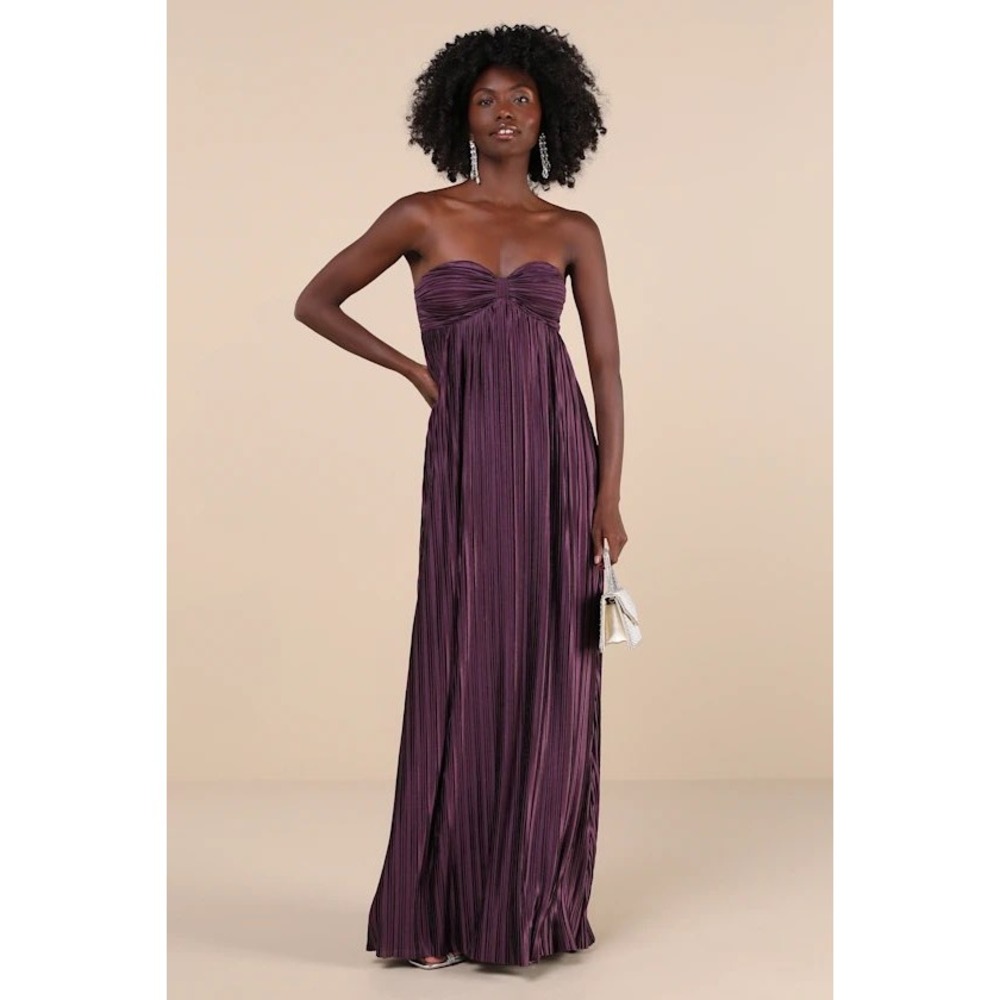 NWT Lulus Whimsical Beauty Dark Purple Satin Plisse Strapless Maxi Dress Size XS